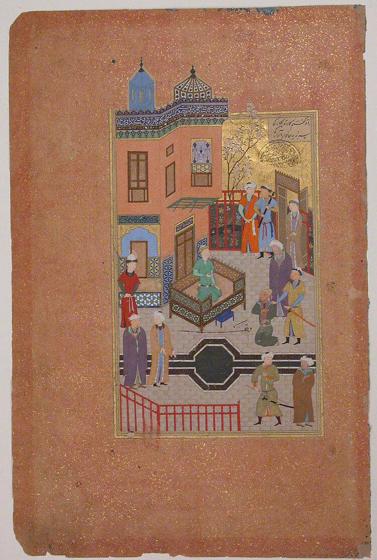 "The Beggar who Professed his Love for a Prince", Folio 28r from a Mantiq al-Tayr (Language of the Birds), Farid al-Din `Attar (Iranian, Nishapur ca. 1142–ca. 1220 Nishapur), Ink, opaque watercolor, silver, and gold on paper