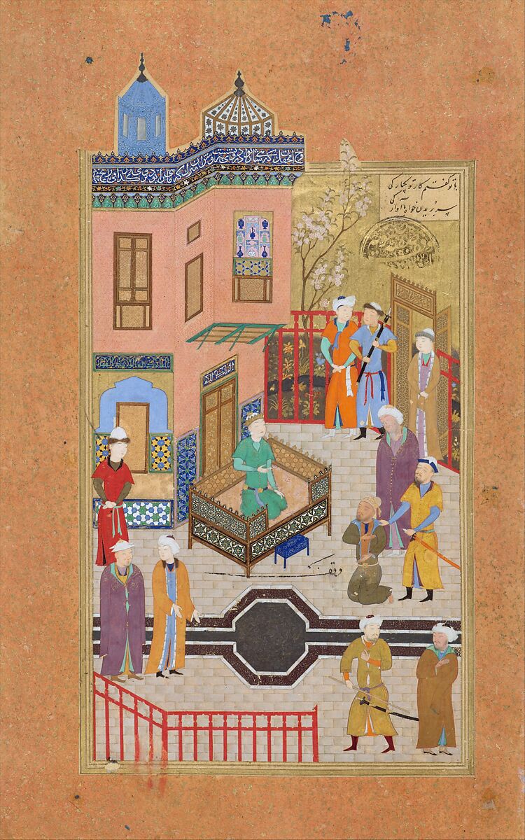 "The Beggar who Professed his Love for a Prince", Folio 28r from a Mantiq al-Tayr (Language of the Birds), Farid al-Din `Attar (Iranian, Nishapur ca. 1142–ca. 1220 Nishapur), Ink, opaque watercolor, silver, and gold on paper