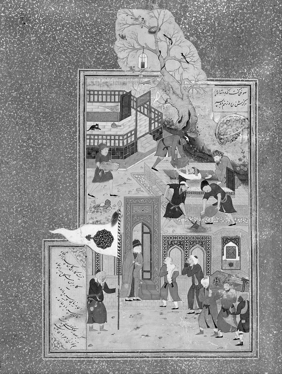 "Funeral Procession", Folio 35r from a Mantiq al-Tayr (Language of the Birds), Sultan 'Ali al-Mashhadi (Iranian, Mashhad 1453–1520 Mashhad), Opaque watercolor, silver, and gold on paper