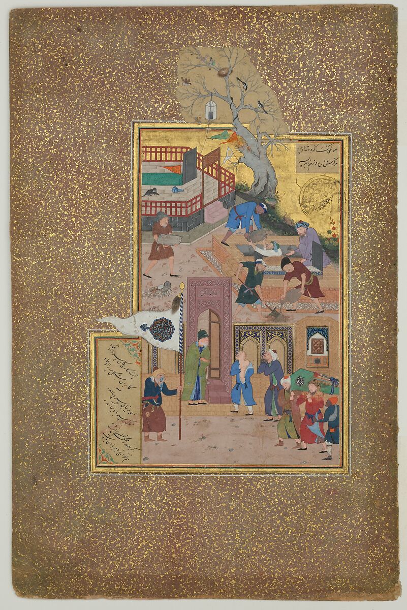 "Funeral Procession", Folio 35r from a Mantiq al-Tayr (Language of the Birds), Sultan &#39;Ali al-Mashhadi (Iranian, Mashhad 1453–1520 Mashhad), Opaque watercolor, silver, and gold on paper 