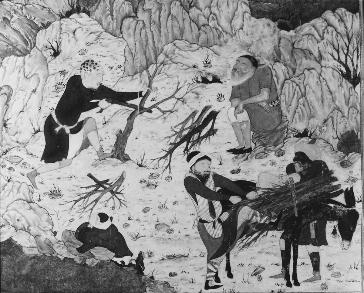 "The Anecdote of the Man Who Fell into the Water", Folio 44r from a Mantiq al-Tayr (Language of the Birds), Sultan 'Ali al-Mashhadi (Iranian, Mashhad 1453–1520 Mashhad), Opaque watercolor, silver, and gold on paper