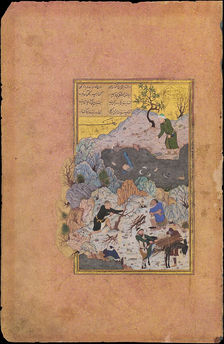 "The Anecdote of the Man Who Fell into the Water", Folio 44r from a Mantiq al-Tayr (Language of the Birds), Sultan &#39;Ali al-Mashhadi (Iranian, Mashhad 1453–1520 Mashhad), Opaque watercolor, silver, and gold on paper 