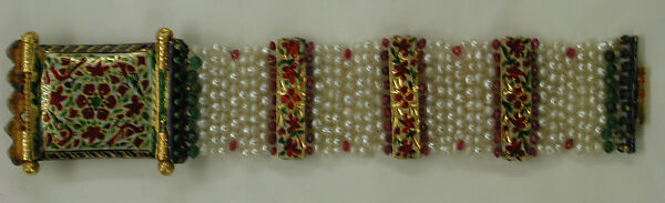 Bracelet, Gold, enamel; with pearls, emeralds, quartz, and rubies