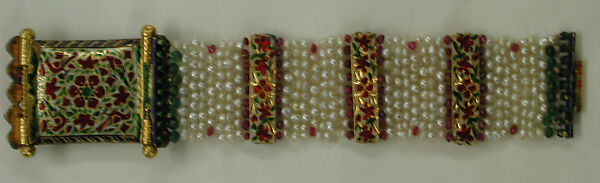 Bracelet, Gold, enamel; with pearls, emeralds, quartz, and rubies 