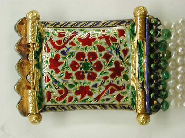 Bracelet, Gold, enamel; with pearls, emeralds, quartz, and rubies