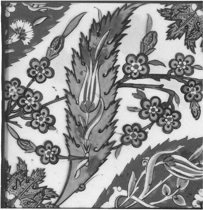 Tile with Saz Leave, Tulips, and Hyacinth Flowers, Stonepaste; polychrome painted under transparent glaze
