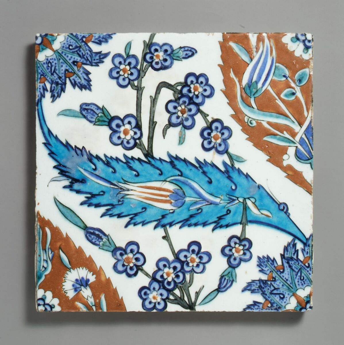 Tile with Saz Leave, Tulips, and Hyacinth Flowers, Stonepaste; polychrome painted under transparent glaze 