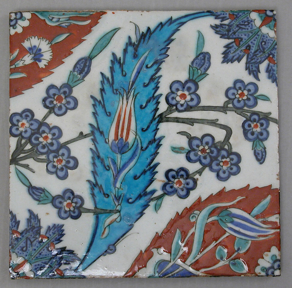 Tile with Saz Leave, Tulips, and Hyacinth Flowers, Stonepaste; polychrome painted under transparent glaze