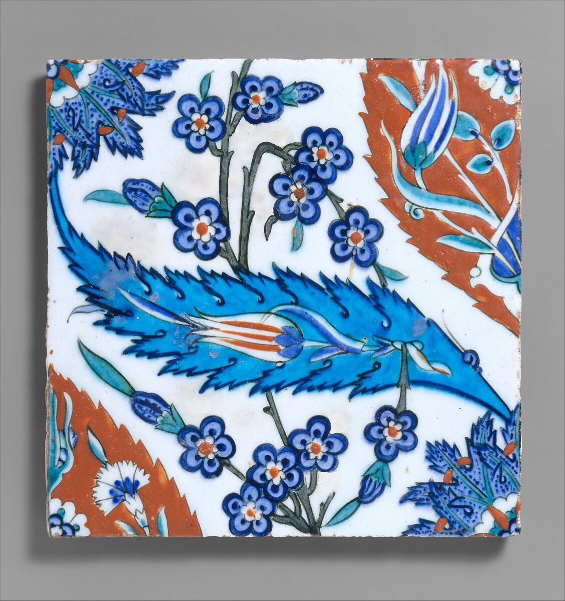 Tile with Saz Leave, Tulips, and Hyacinth Flowers, Stonepaste; polychrome painted under transparent glaze