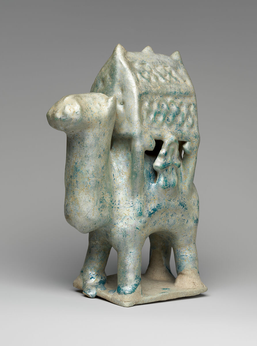Figurine in the Form of a Camel Carrying a Palanquin and Two Riders, Stonepaste; molded in sections, glazed in turquoise