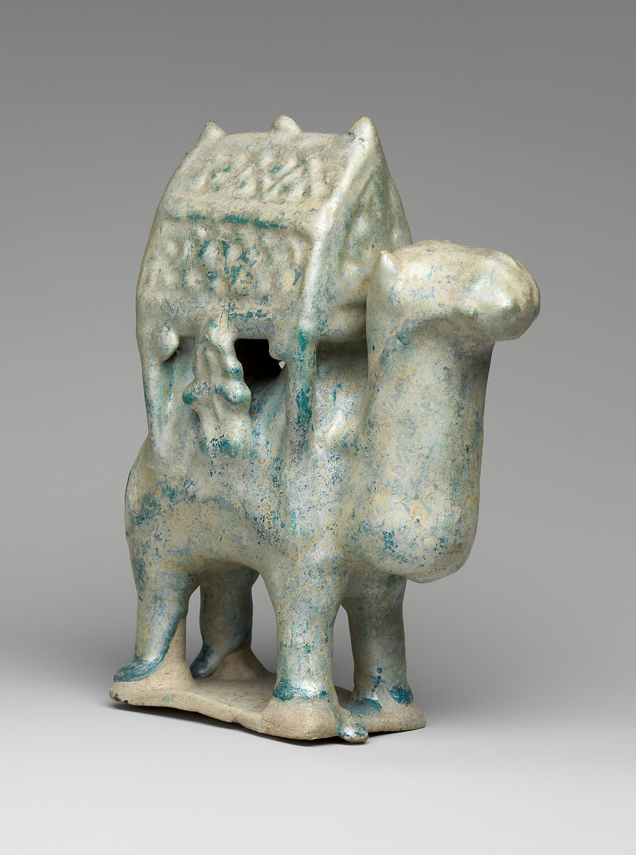 Figurine in the Form of a Camel Carrying a Palanquin and Two Riders, Stonepaste; molded in sections, glazed in turquoise