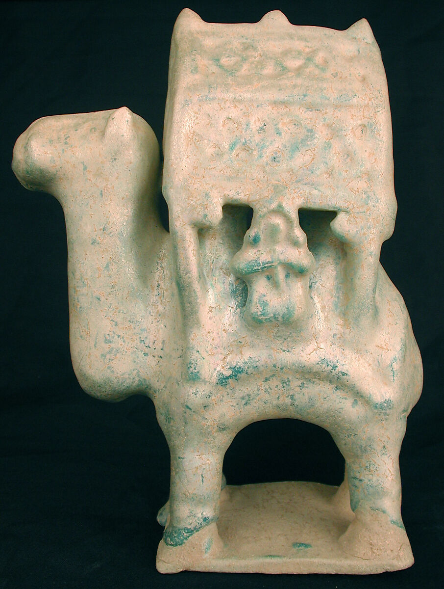 Figurine in the Form of a Camel Carrying a Palanquin and Two Riders, Stonepaste; molded in sections, glazed in turquoise