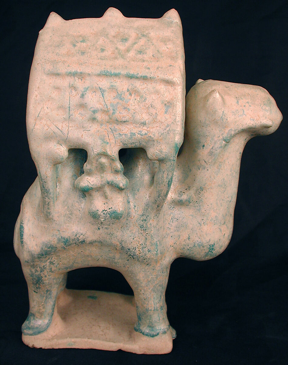 Figurine in the Form of a Camel Carrying a Palanquin and Two Riders, Stonepaste; molded in sections, glazed in turquoise