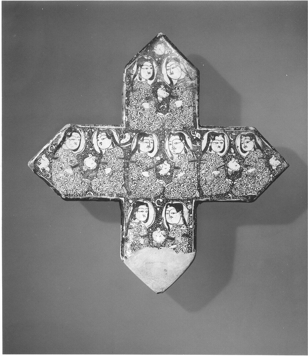 Cross-Shaped Tile, Stonepaste; overglaze luster-painted