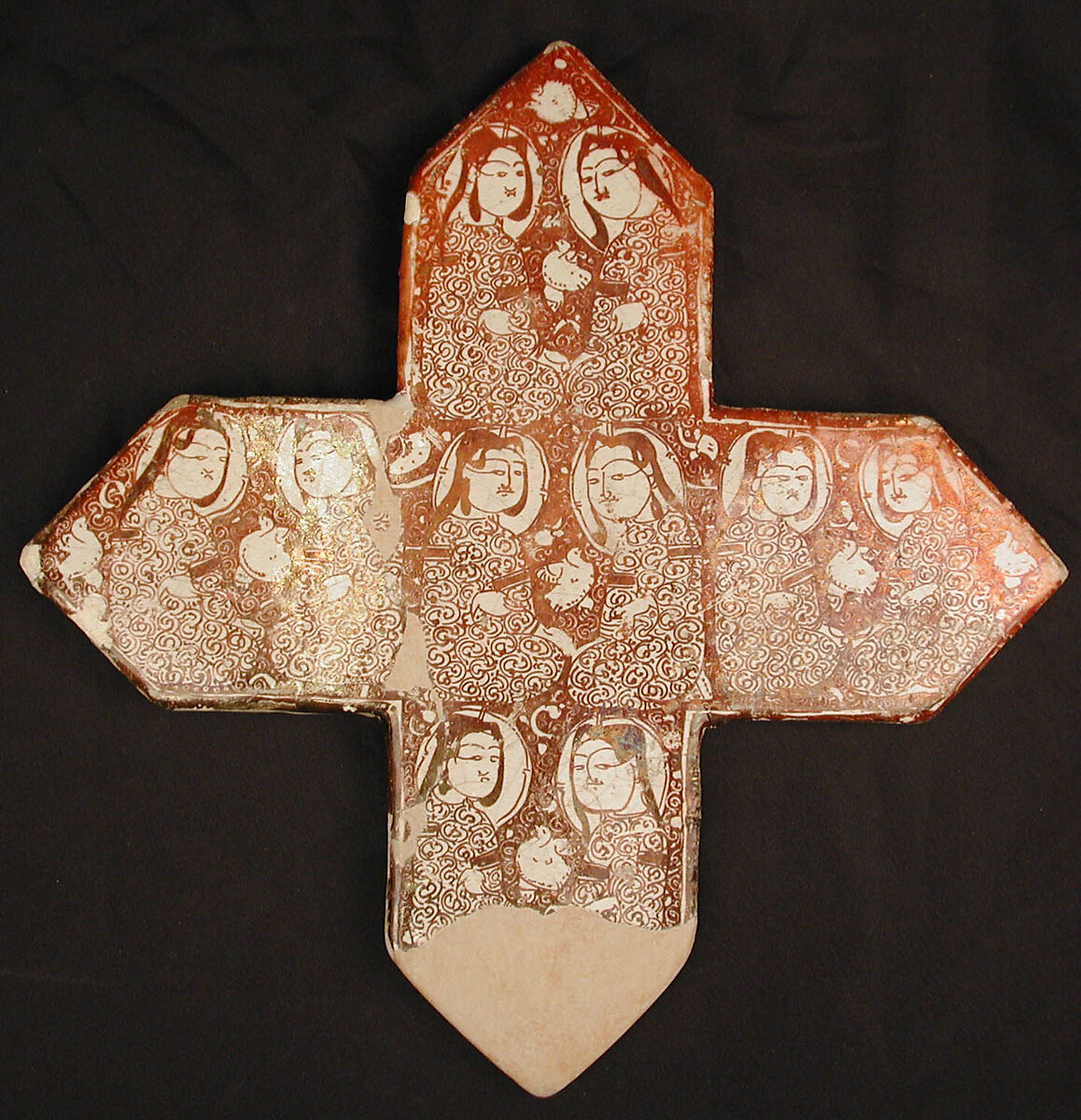 Cross-Shaped Tile, Stonepaste; overglaze luster-painted