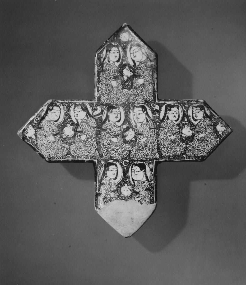 Cross-Shaped Tile, Stonepaste; overglaze luster-painted