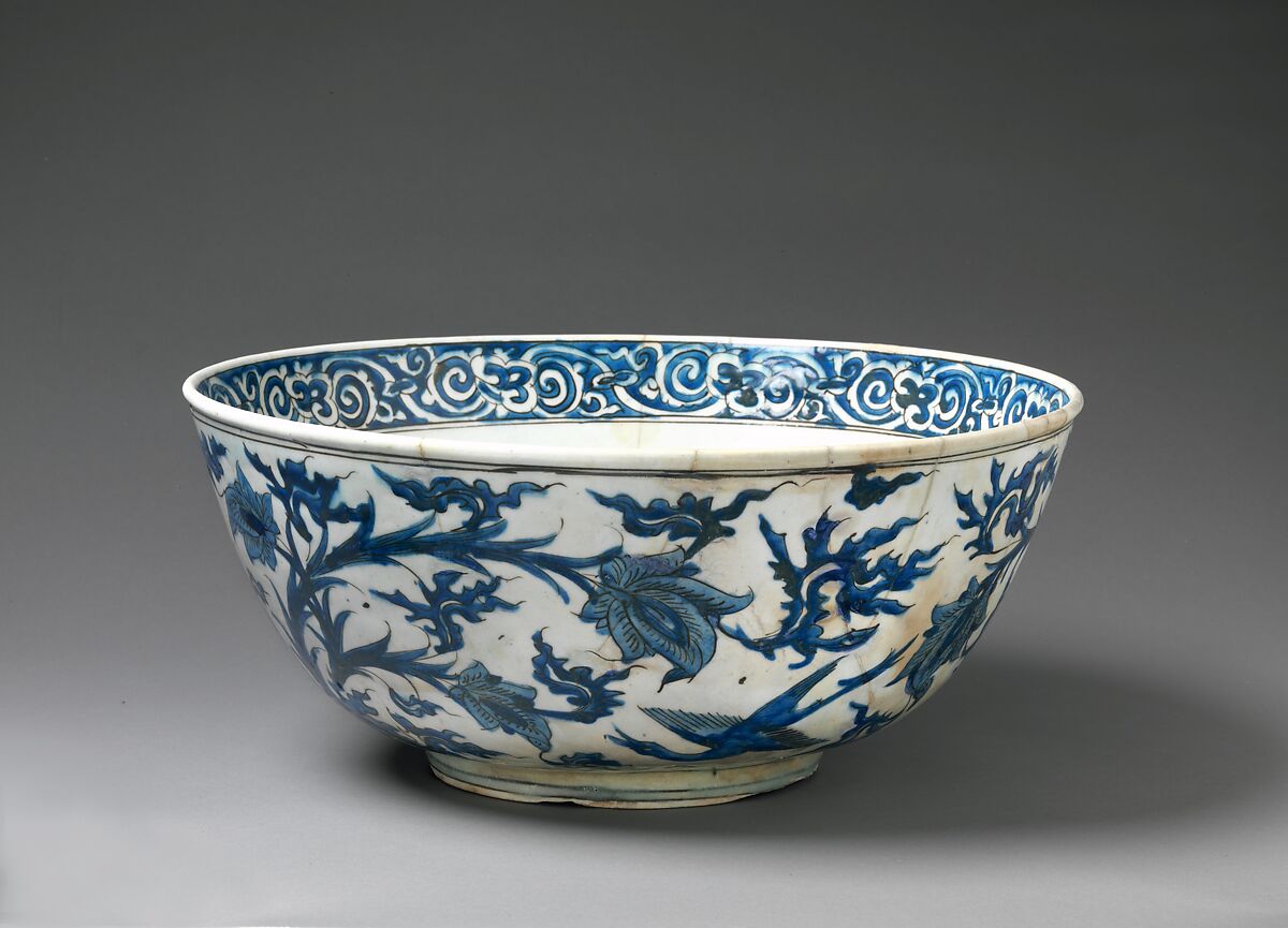Bowl with Flowering Plants, Stonepaste; painted in blue under transparent glaze 