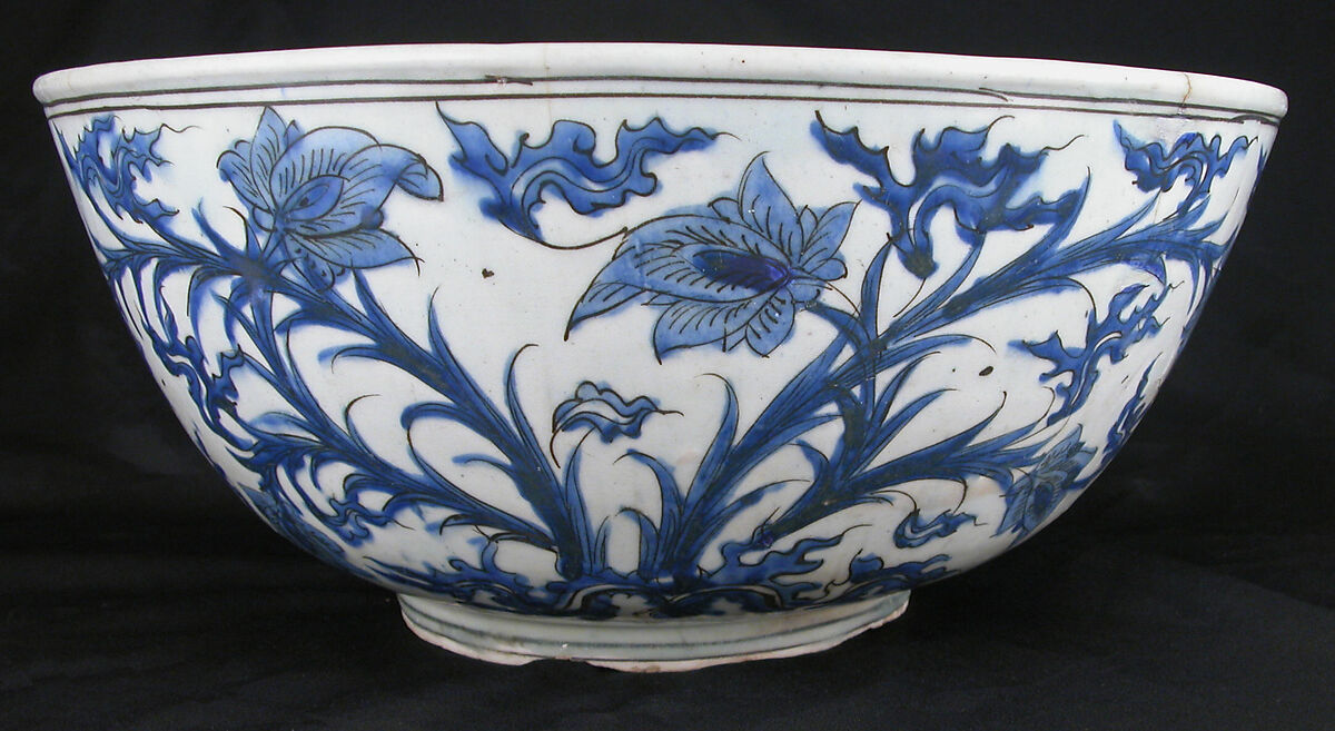 Bowl with Flowering Plants, Stonepaste; painted in blue under transparent glaze