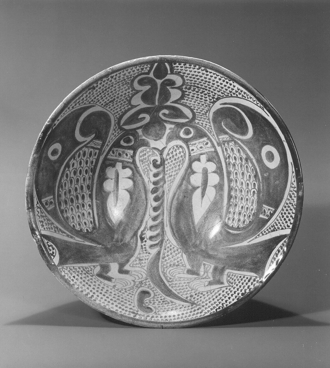 Bowl with Two Facing Peacocks, Earthenware; luster-painted on opaque white glaze