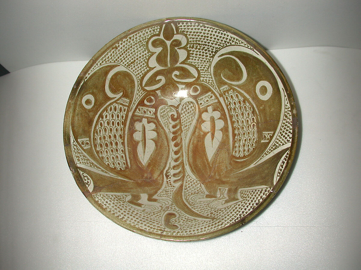 Bowl with Two Facing Peacocks, Earthenware; luster-painted on opaque white glaze