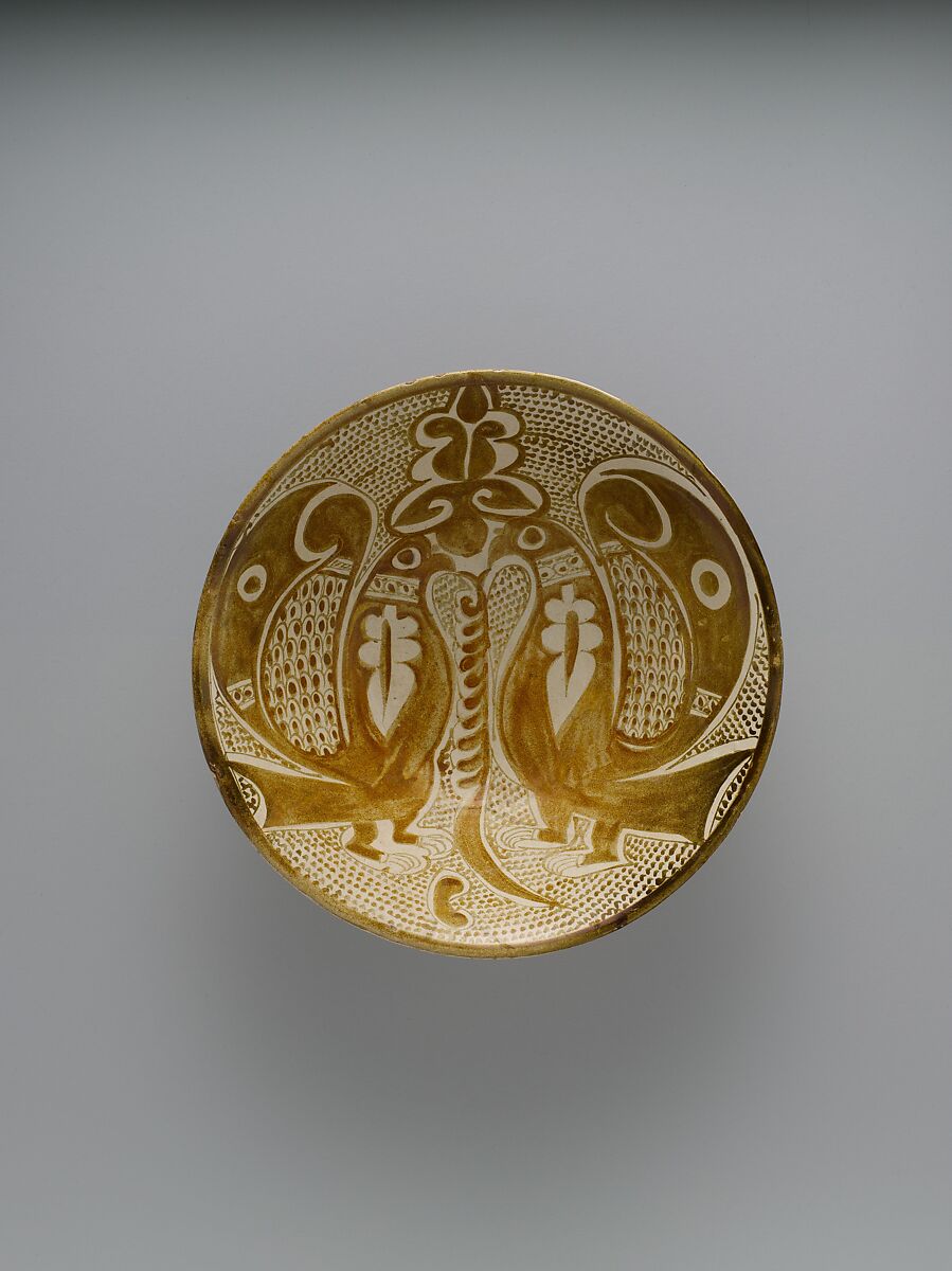 Bowl with Two Facing Peacocks, Earthenware; luster-painted on opaque white glaze 