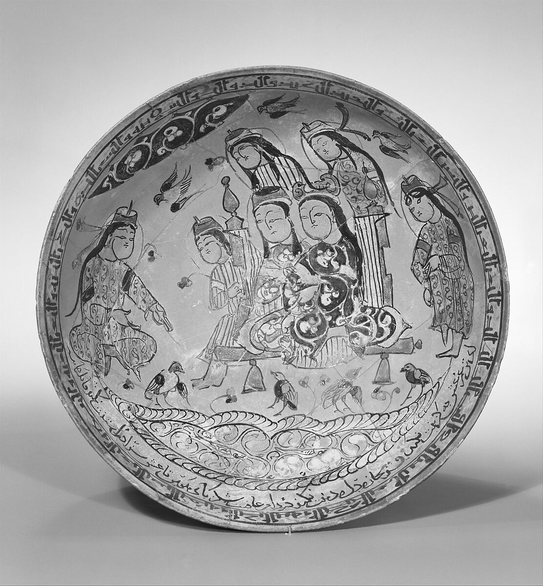 Bowl with a Majlis Scene by a Pond, Abu Zayd al-Kashani (Iranian), Stonepaste; glazed in opaque turquoise, polychrome in-glaze- and overglaze- painted