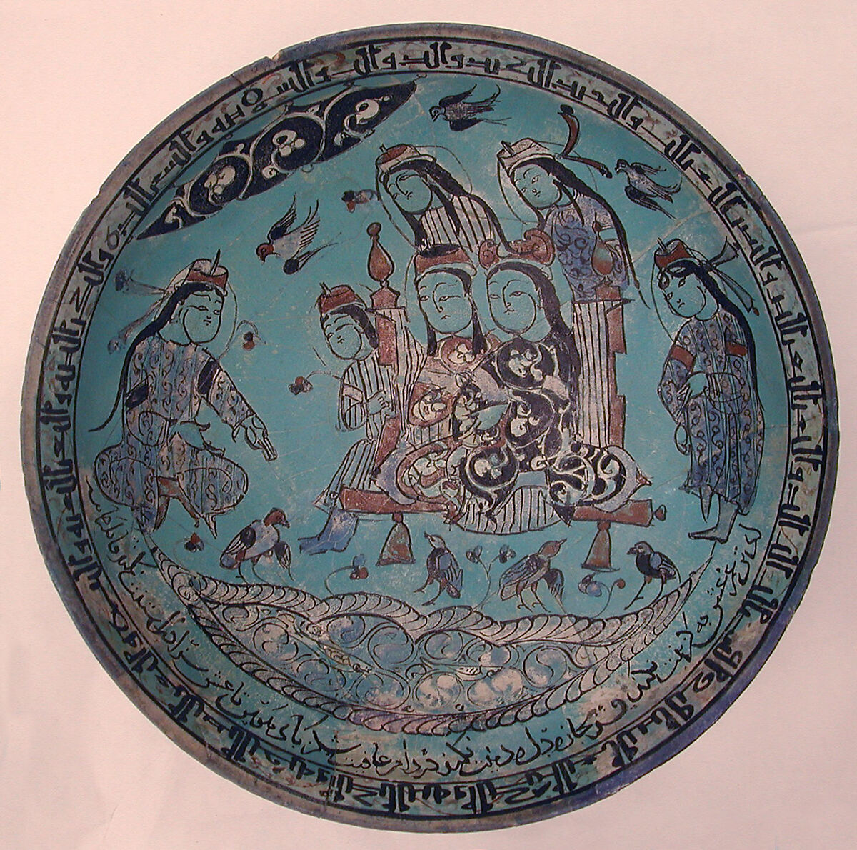 Bowl with a Majlis Scene by a Pond, Abu Zayd al-Kashani (Iranian), Stonepaste; glazed in opaque turquoise, polychrome in-glaze- and overglaze- painted