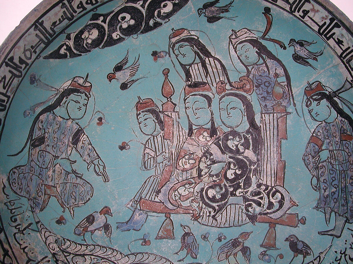 Bowl with a Majlis Scene by a Pond, Abu Zayd al-Kashani (Iranian), Stonepaste; glazed in opaque turquoise, polychrome in-glaze- and overglaze- painted