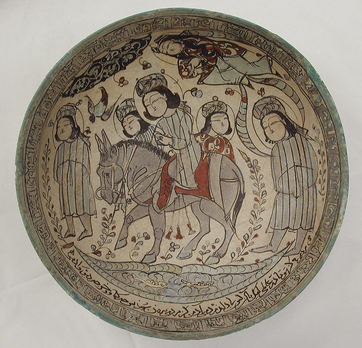 Bowl, Abu Zayd al-Kashani (Iranian), Stonepaste; polychrome inglaze and overglaze painted on opaque monochrome glaze (mina'i)
