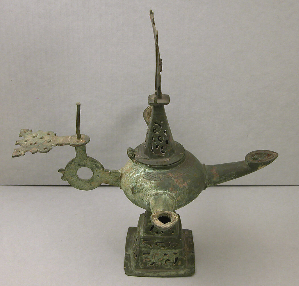 Three-Spouted Oil Lamp, Bronze; cast, pierced, engraved 