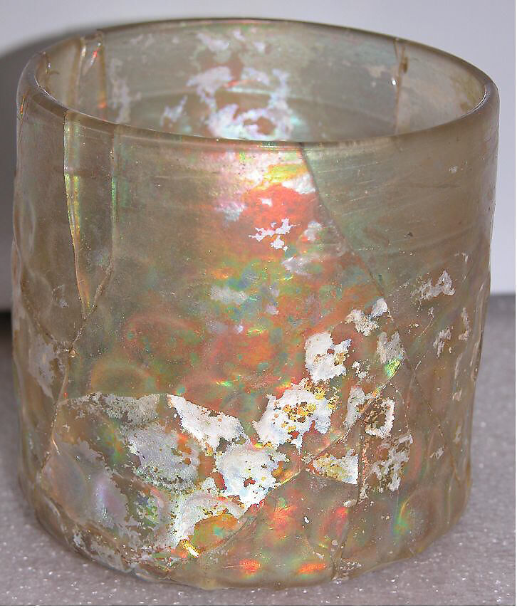 Cup with Molded Honeycomb Pattern, Glass, colorless with yellow tinge; dip-molded, blown