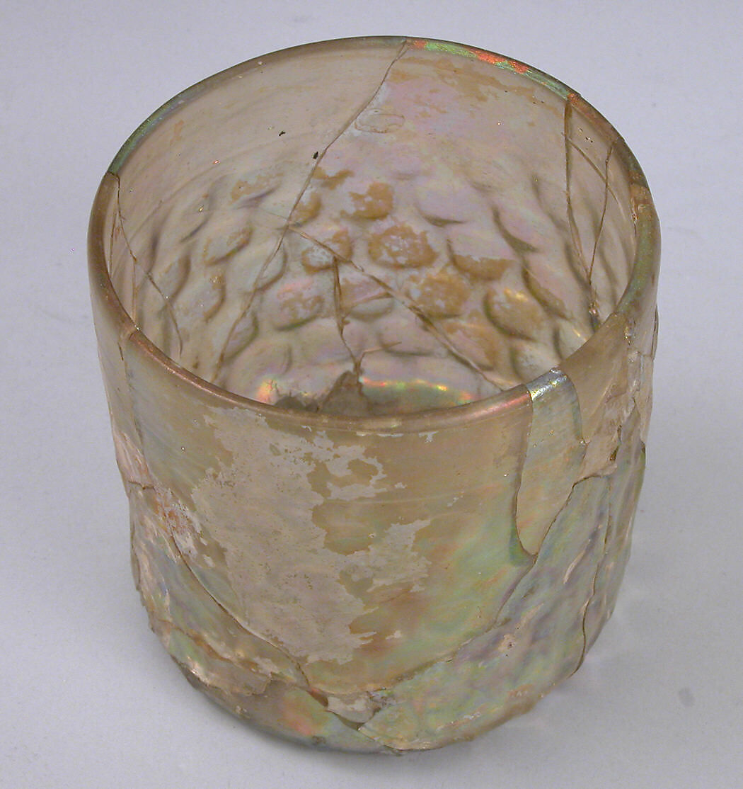 Cup with Molded Honeycomb Pattern, Glass, colorless with yellow tinge; dip-molded, blown