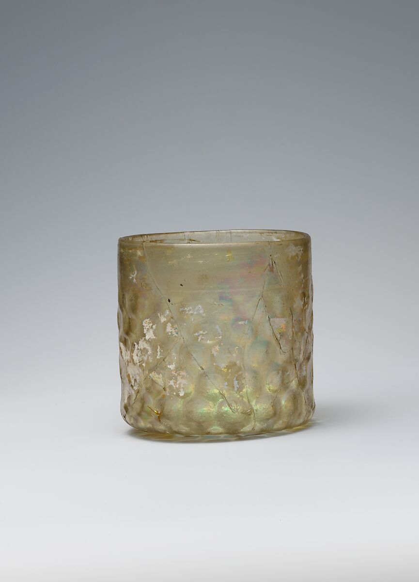 Cup with Molded Honeycomb Pattern, Glass, colorless with yellow tinge; dip-molded, blown