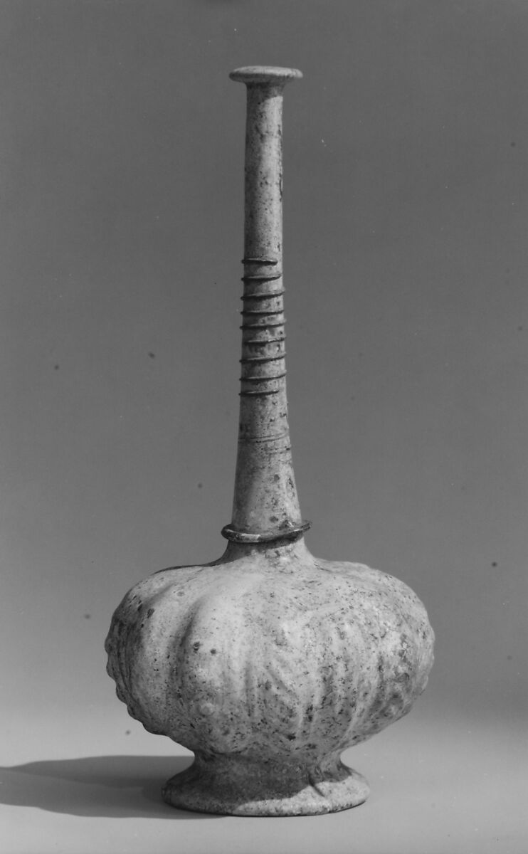 Bottle with Applied Decoration on the Neck, Glass, colorless; mold blown, applied blue decoration