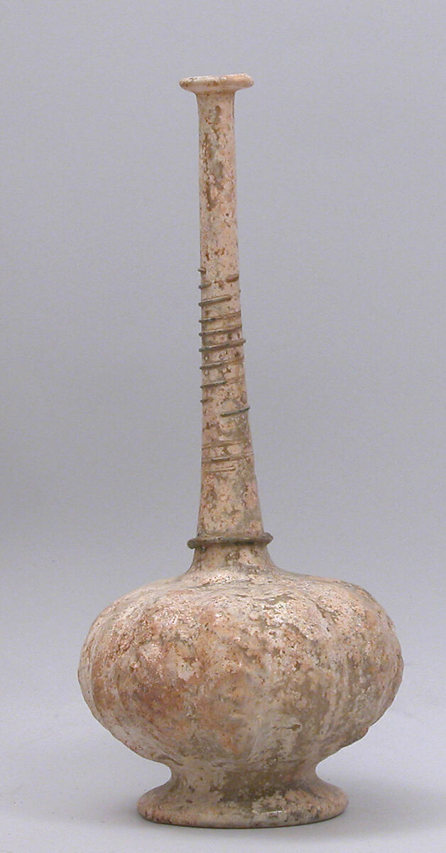 Bottle with Applied Decoration on the Neck, Glass, colorless; mold blown, applied blue decoration 