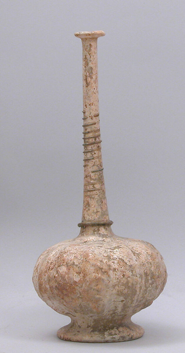 Bottle with Applied Decoration on the Neck, Glass, colorless; mold blown, applied blue decoration