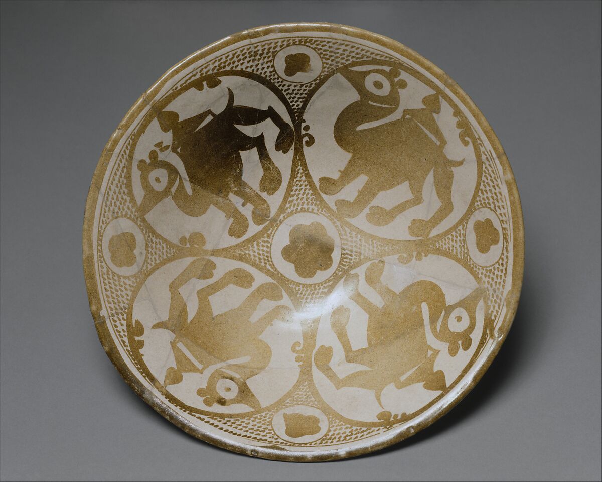 Luster Bowl with Four Camels, Earthenware; luster-painted on opaque white glaze 