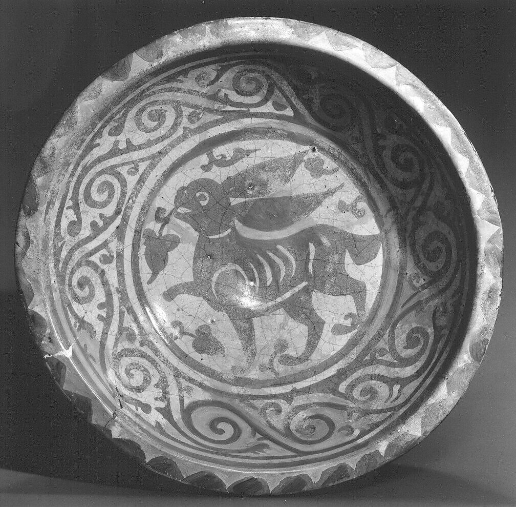 Bowl Depicting a Running Hare, Earthenware; luster-painted on opaque white glaze