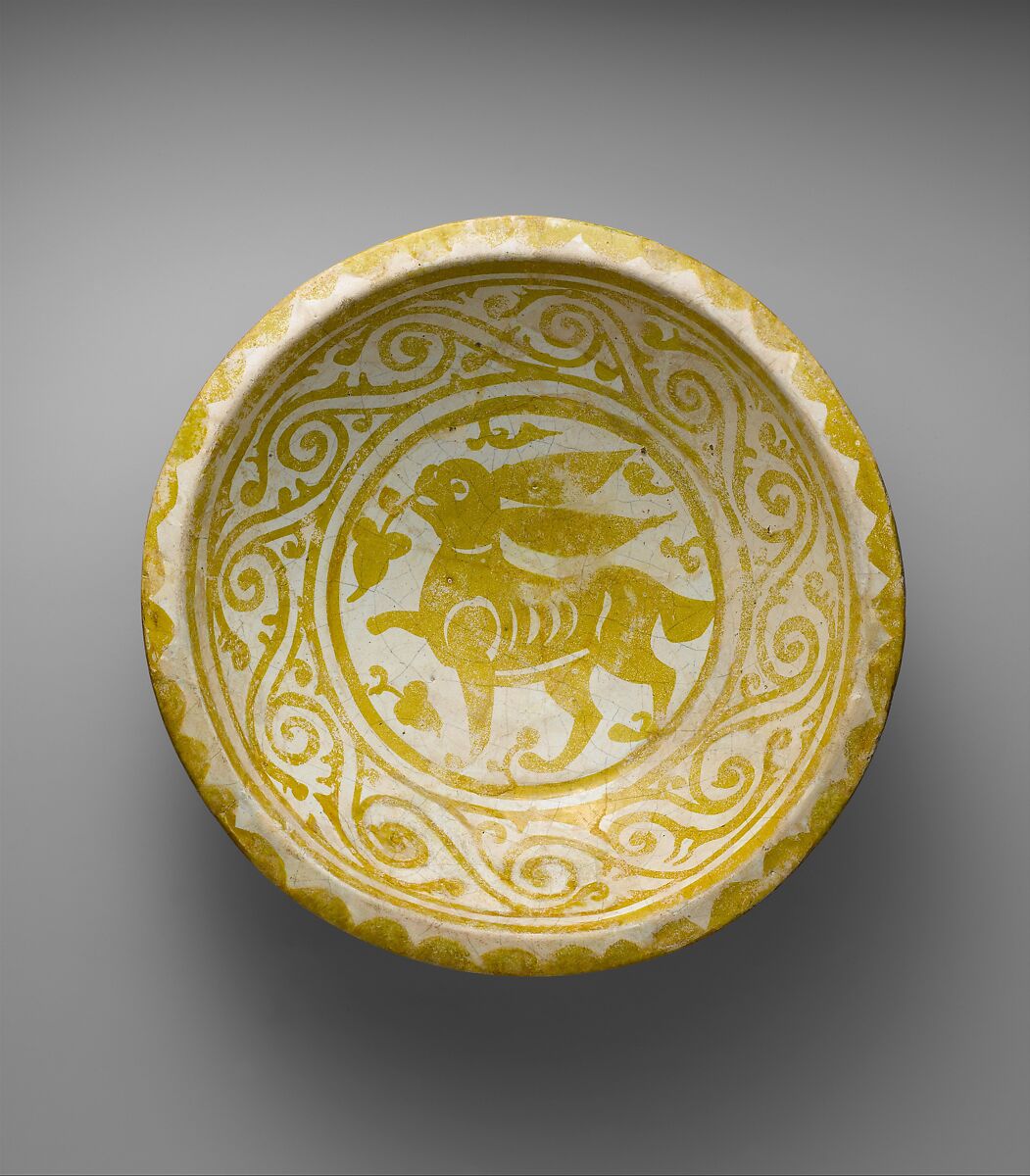 Bowl Depicting a Running Hare, Earthenware; luster-painted on opaque white glaze