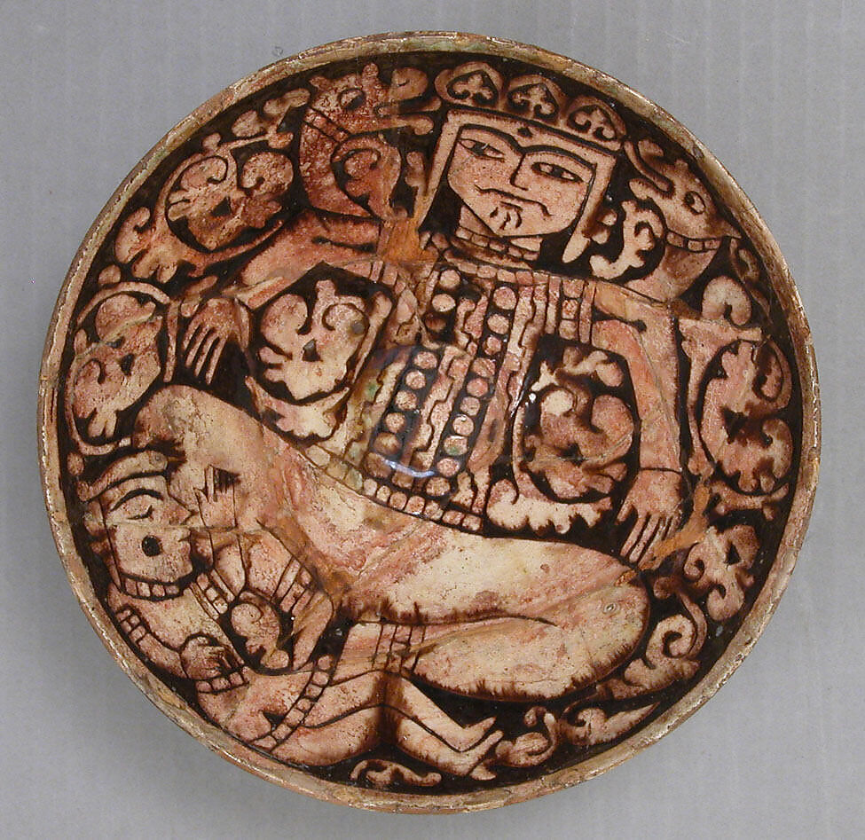 Bowl Depicting King Zahhak with Snakes Protruding from His Shoulders, Earthenware; slipped and carved under a transparent colorless, brown, and green glaze 