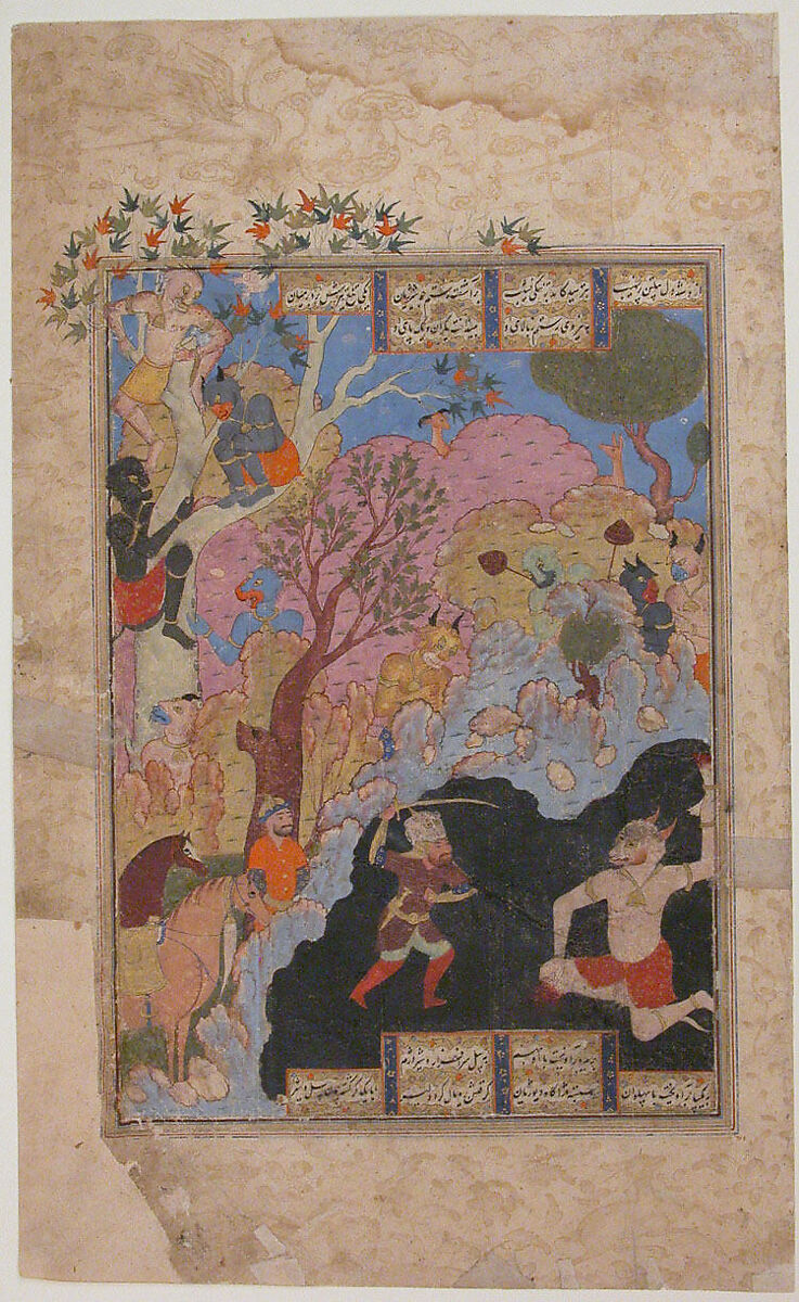 "Rustam Slays the White Div", Folio from a Shahnama (Book of Kings), Abu'l Qasim Firdausi (Iranian, Paj ca. 940/41–1020 Tus), Opaque watercolor and gold on paper