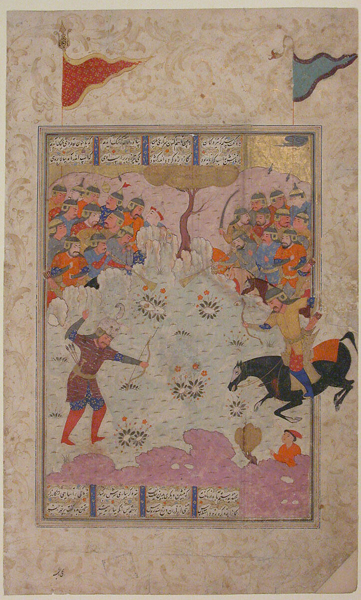 "Rustam Fighting Ashkabus", Folio from a Shahnama (Book of Kings), Abu'l Qasim Firdausi (Iranian, Paj ca. 940/41–1020 Tus), Opaque watercolor, silver, and gold on paper