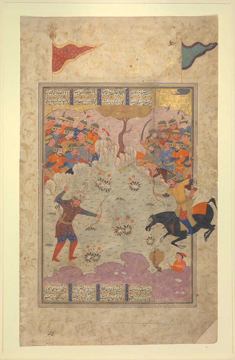 "Rustam Fighting Ashkabus", Folio from a Shahnama (Book of Kings), Abu&#39;l Qasim Firdausi (Iranian, Paj ca. 940/41–1020 Tus), Opaque watercolor, silver, and gold on paper 
