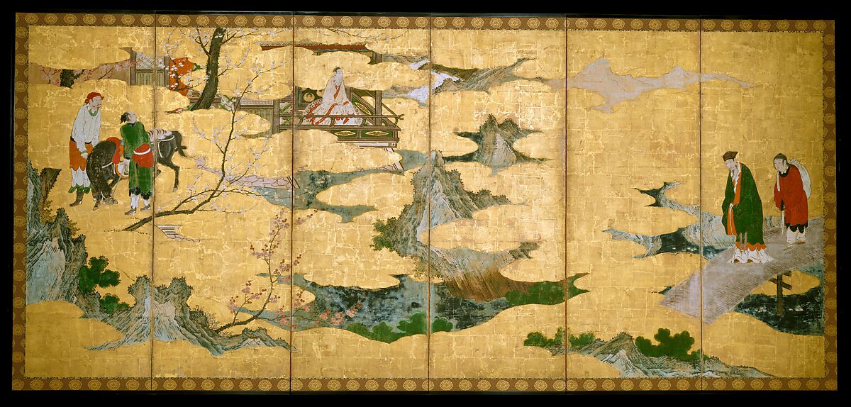 The Return to Court of the Four Graybeards of Mount Shang (left); Su Shi’s Visit to the Wind and Water Cave (right, In the Style of Kano Mitsunobu 狩野光信 (Japanese, 1565–1608), Pair of six-panel folding screens; ink, color, gold, and gold leaf on paper , Japan