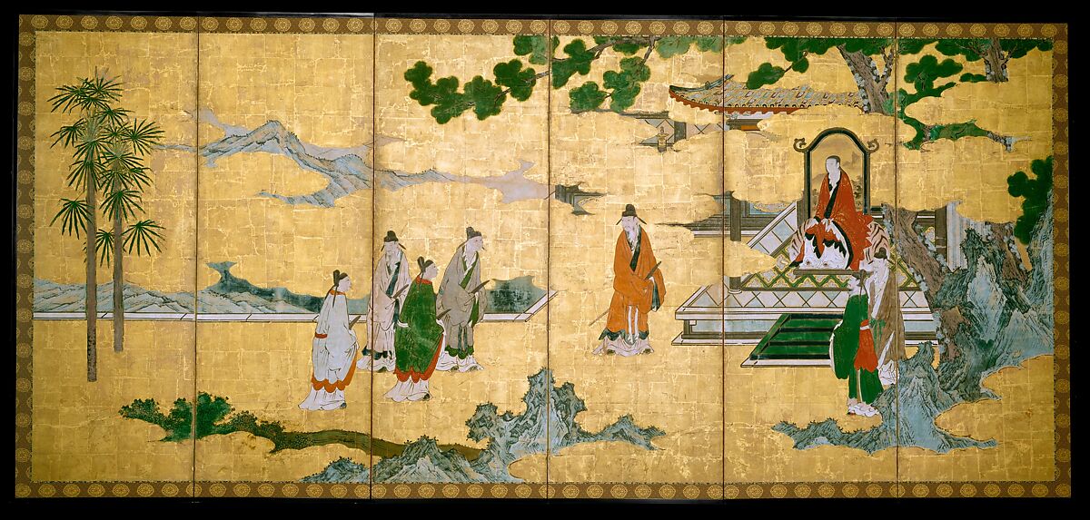 The Return to Court of the Four Graybeards of Mount Shang (left); Su Shi’s Visit to the Wind and Water Cave (right, Kano Mitsunobu 狩野光信  Japanese, Pair of six-panel folding screens; ink, color, gold, and gold leaf on paper, Japan
