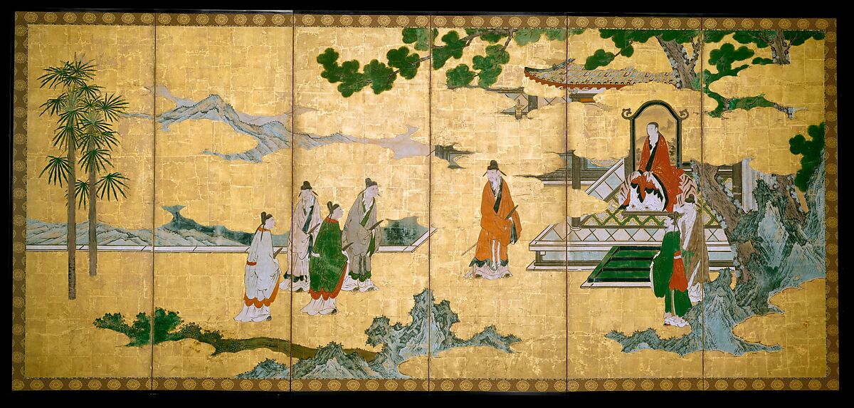 The Return to Court of the Four Graybeards of Mount Shang (left); Su Shi’s Visit to the Wind and Water Cave (right, In the Style of Kano Mitsunobu 狩野光信 (Japanese, 1565–1608), Pair of six-panel folding screens; ink, color, gold, and gold leaf on paper , Japan 