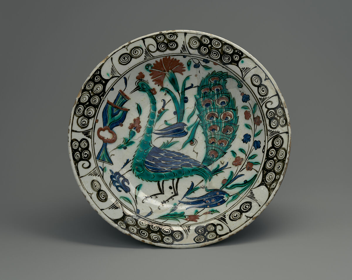 Dish with Peacock Design, Stonepaste; polychrome painted under transparent glaze 