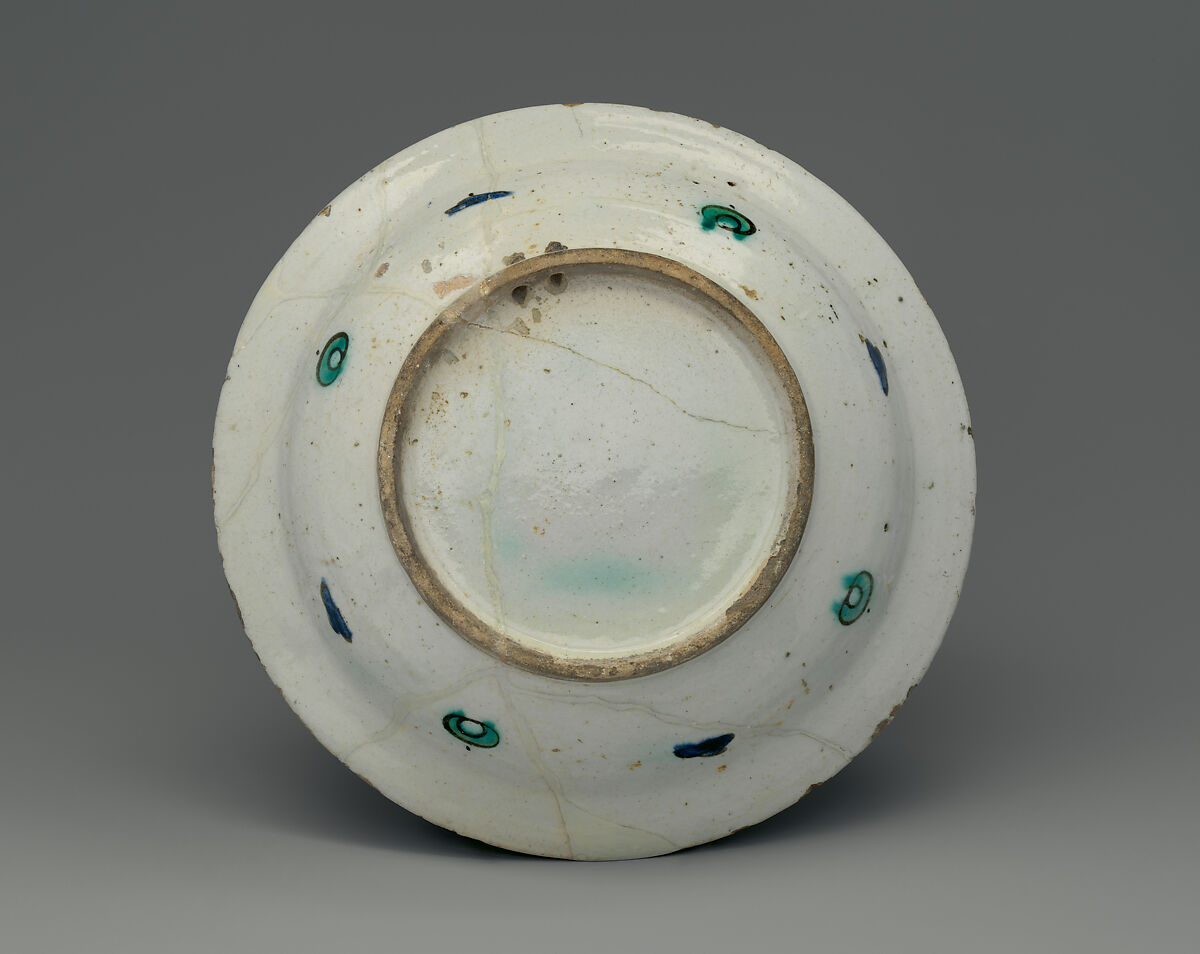 Dish with Peacock Design, Stonepaste; polychrome painted under transparent glaze