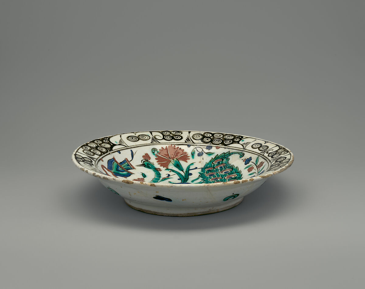 Dish with Peacock Design, Stonepaste; polychrome painted under transparent glaze