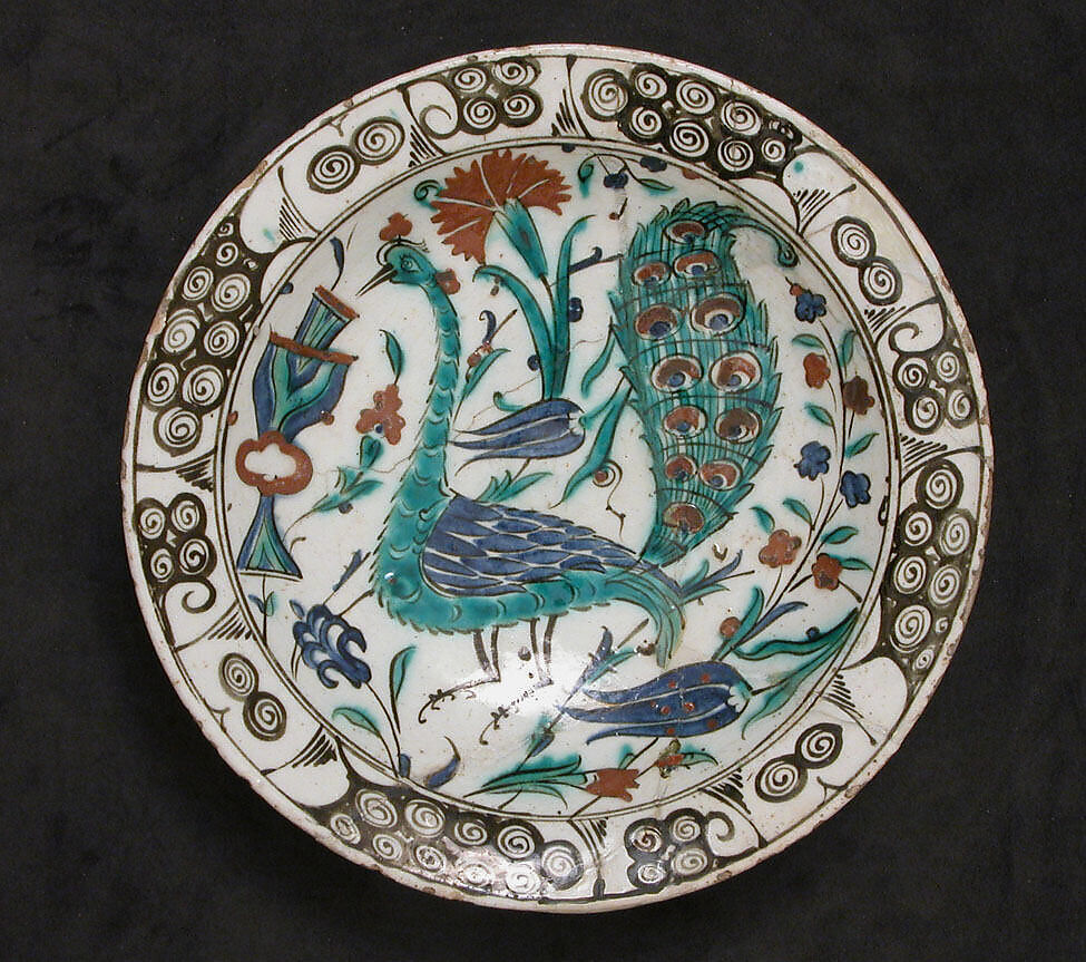 Dish with Peacock Design, Stonepaste; polychrome painted under transparent glaze